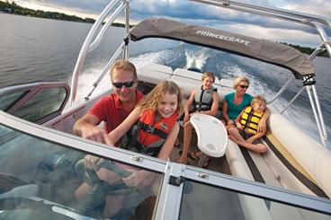 Family safely enjoying boating